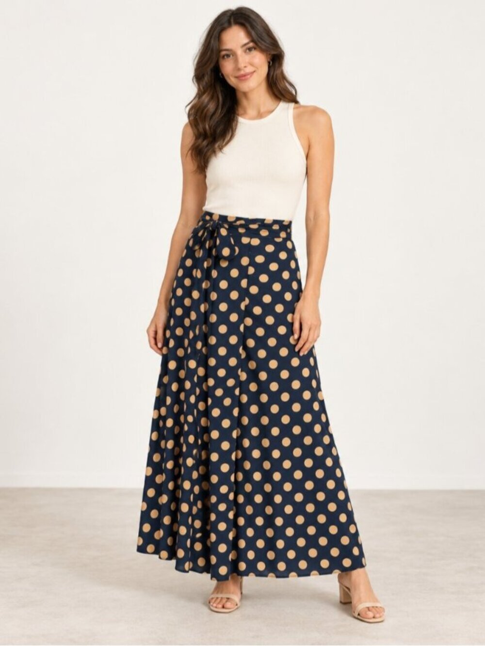 Korean Brand Navy Polka Dot Wrap Midi Skirt Size Small 0861